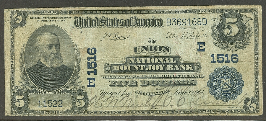 Mount Joy, Pennsylvania, Charter #1516, Union NB, 1902PB $5, 11522,F/VF